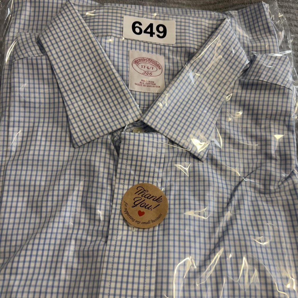 Brooks Brothers Dress Shirt Mens 17 Blue Check Non Iron Long Sleeve Cotton - Picture 8 of 8